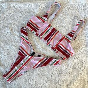 South Beach High Cut Pink & Red Striped Two Piece Bikini